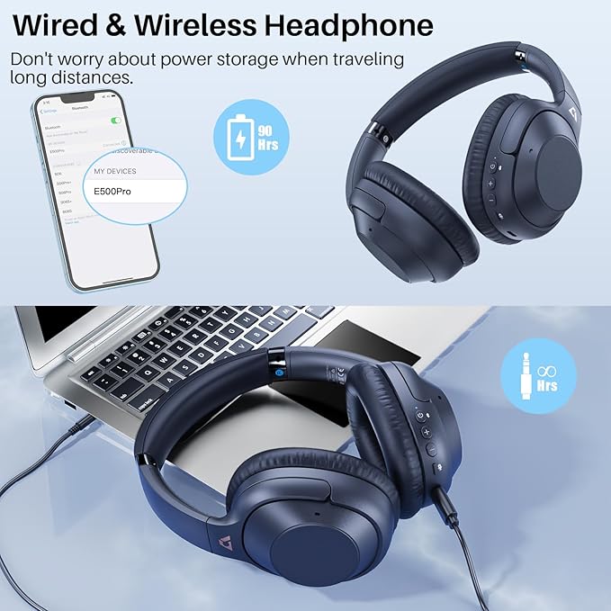 Bluetooth 5.2 Hybrid Active Noise Cancelling Headphones for Airplane Travel, 90H Playtime Wired and Wireless Over Ear ANC Headset for Adults, Android, Home Office, Blue