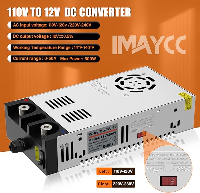 12V Power Supply,110V to 12V DC Converter, IMAYCC AC to DC Converter 600W 50A, Power Supply for Diesel Heater