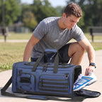 Gym Bag for Men and Women, 50L Extra Large Duffle Bag, 3-in-1 Travel Sports Duffel Bags with Shoe & Laptop Compartment for Overnight Weekender Gym Traveling Workout Deployment, Black+ Blue