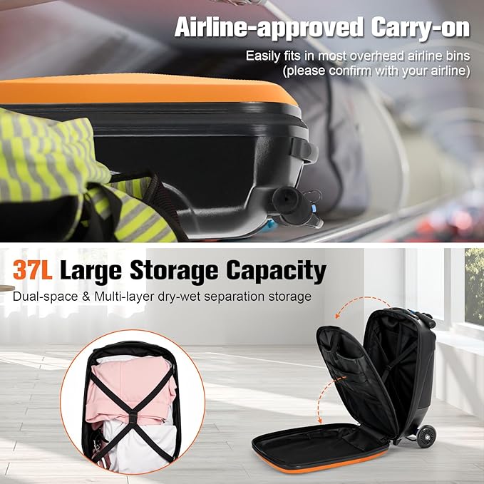 Scooter Luggage For Kids & Adults， Hardside Ride On Suitcase For Kids Ages 4-15 Multifunctional Lightweight Foldable Carry On Luggage With Wheels Ride On For Children Teenagers（Orange）