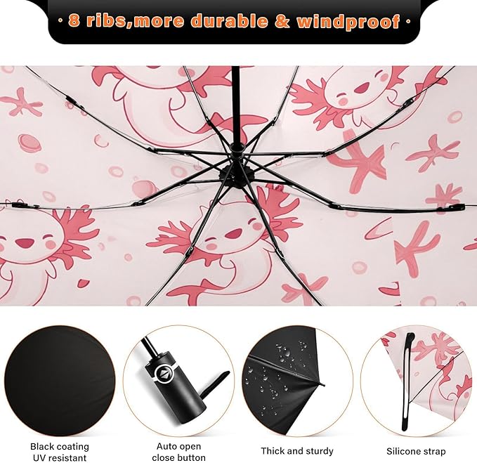 ALAZA Folding Umbrella Kawaii Axolotl Pink Animal Compact Travel Umbrella Automatic Open Close, Inverted Umbrellas for Rain Windproof UV Protection Sun Umbrellas
