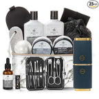 23pcs Bath and Body Gift Basket for Men & Women, Charcoal Home Spa Kit, Leather Bag, Skin Care Set, Self Care Kit, Christmas, Birthday,Anniversary, Mother's Day Gift, Mom, Dad, Wife