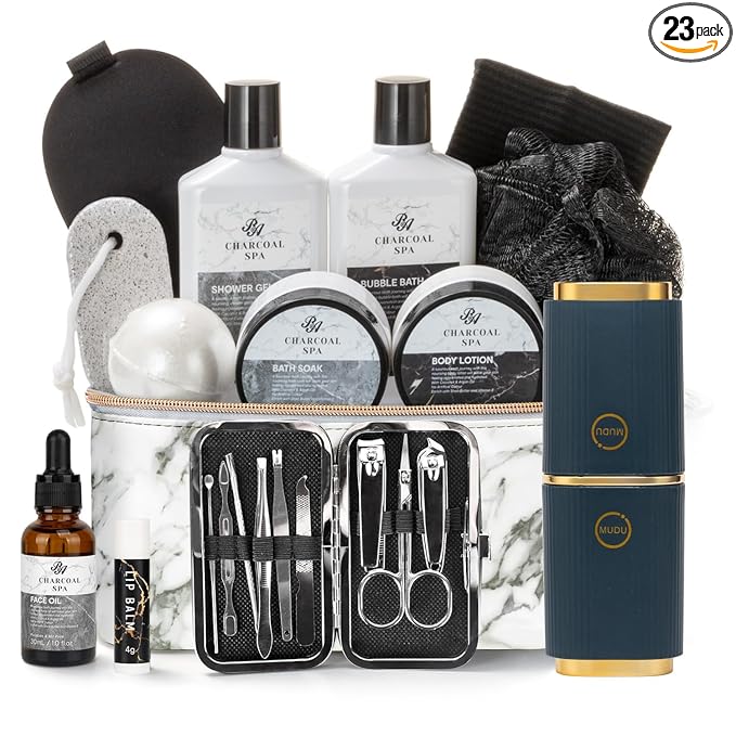 23pcs Bath and Body Gift Basket for Men & Women, Charcoal Home Spa Kit, Leather Bag, Skin Care Set, Self Care Kit, Christmas, Birthday,Anniversary, Mother's Day Gift, Mom, Dad, Wife