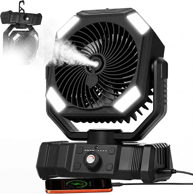 USONE Misting Fan, Portable Camping Fan Rechargeable, Battery Powered Fan for Camping with Light, Remote & Timer, Hanging Tent Fan with Hook for Outdoor fishing, Travel, Work/Summer Essential,Black