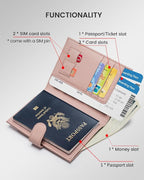 Karmiir RFID Passport Holder Travel Wallet for Women, Leather Passport Cover Wallet with Card Holders SIM Slots,Zippered Coins Pocket and Cash Slot Slim Compact Travel Wallet (Pink)