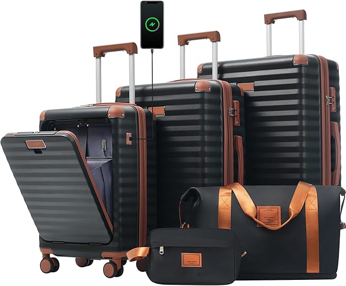 5 Piece Luggage Set w/TSA Locks & USB Port, Front Opening Hard Shell Luggage Sets, Expandable Suitcase Set with Wheels and Cup Holder(20"/24"/28") (Black Brown)