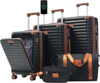 5 Piece Luggage Set w/TSA Locks & USB Port, Front Opening Hard Shell Luggage Sets, Expandable Suitcase Set with Wheels and Cup Holder(20"/24"/28") (Black Brown)