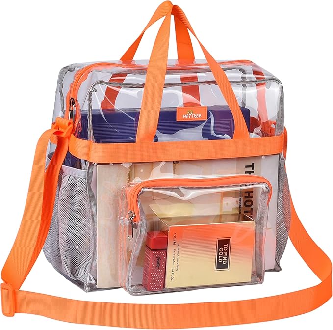 MAY TREE Clear Bag for Stadium Events 12×6×12 Clear Tote Lunch Bag with Reinforced Straps for Work, Sporting Events and Gym, Orange
