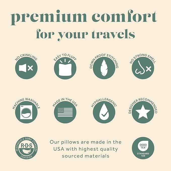 ComfyDown Goose Down Travel Pillow - Filled with 800 Fill Power European Goose Down, Egyptian 300 Thread Count 100% Cotton Cover for Plane car & Home - Made in USA (12x16)