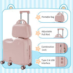 TABU Ride-on Luggage with Portable Bag for Kids，Hardshell Carry On Suitcase with Hidden Cup Holder, Foldable Pedal,Type-C & USB Interface, TSA Lock, 6-Spinner Wheels, Pink