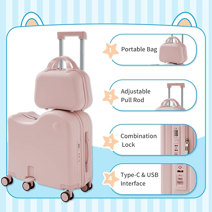 TABU Ride-on Luggage with Portable Bag for Kids，Hardshell Carry On Suitcase with Hidden Cup Holder, Foldable Pedal,Type-C & USB Interface, TSA Lock, 6-Spinner Wheels, Pink