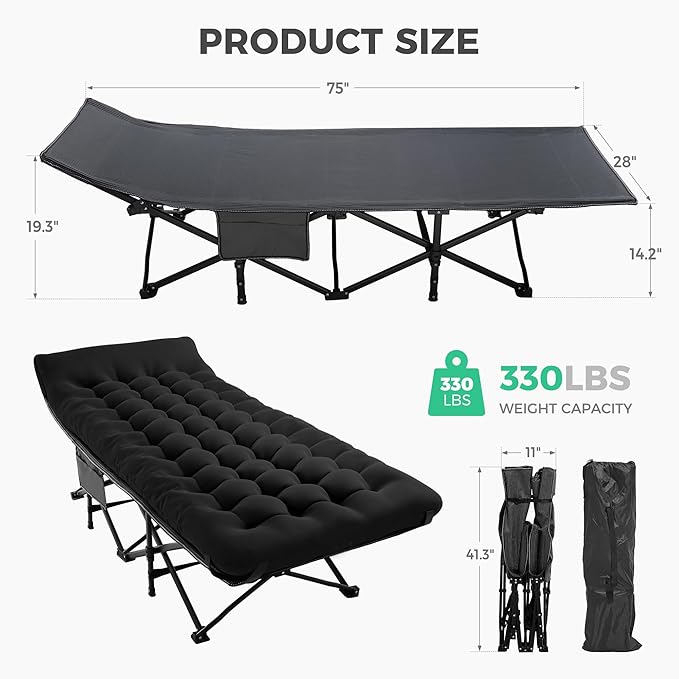 JEAREY Camping Cot for Sleeping 28" Extra Wide, Heavy-Duty 1200D Oxford Foliding Cots for Adults Portable with Mattress, Carry Bag for Guest, Travel, Hiking, Black