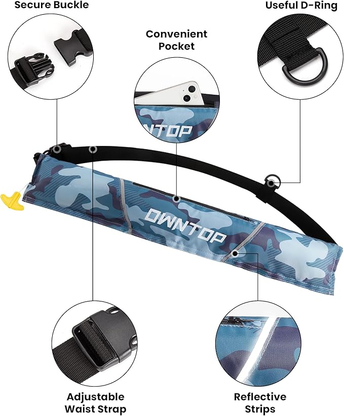 Owntop Manual Inflatable Belt Pack, Adults Swim Jacket with Blowpipe & Whistle, 24g CO2 Cylinder Included, Low Profile for Kayaking, Fishing, Paddle Sports