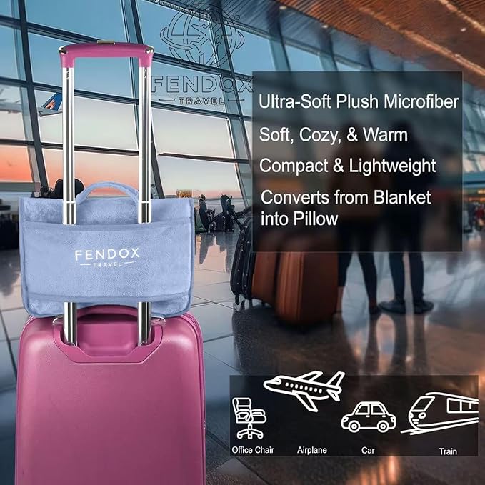2-in-1 Travel Blanket and Pillow – Lightweight, Compact, Ultra Soft, Machine Washable – Handle, Luggage Sleeve, Backpack Clip – for Travel Airplane, Car, Office (Light blue)