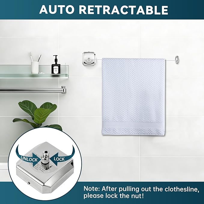 304 Stainless Steel Retractable Clothesline with Adjustable Rope String for Hanging Drying Shower Room(Sliver Square)