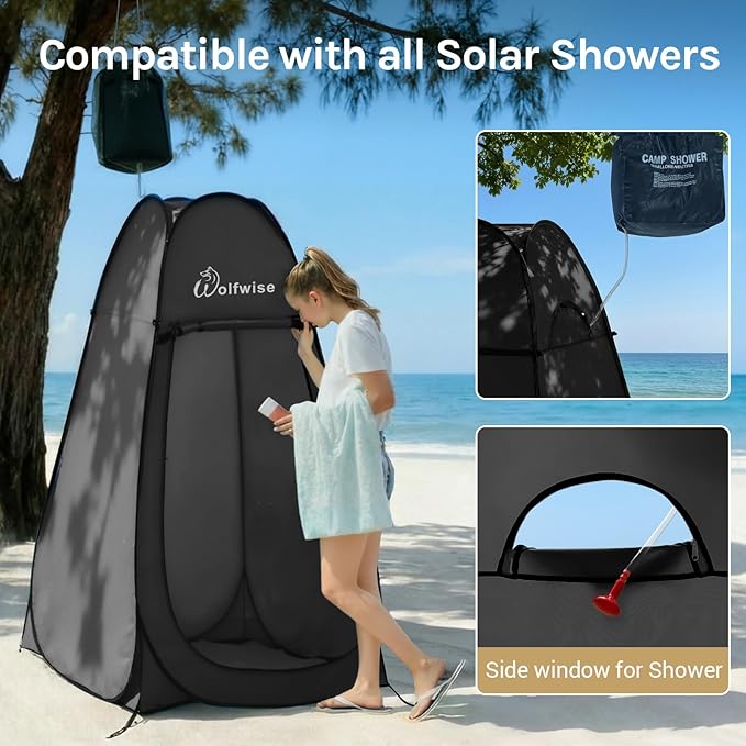 Wolfwise Pop Up Shower Tent for Camping Essentials, Portable Instant Changing Tent with Ventilation Window & Carry Bag, Privacy Dressing Room Bathroom Toilet for Beach & Outdoor, Standard, Black