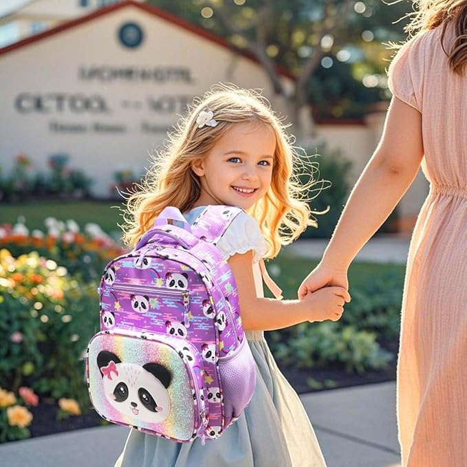 RHCPFOVR Kids Backpack for Girls - Girls Backpack 3-8 Ages Panda for Kids 15 Inch School Bookbag for Kindergarten Elementary School Bookbag for Girl 1st 2nd Grade