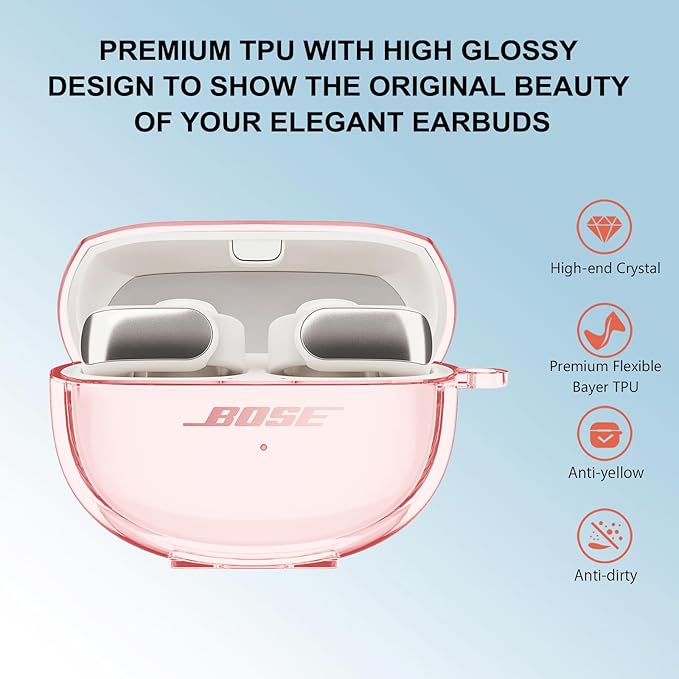 Aircawin for Bose Ultra Open Earbuds Case Clear 2024,Full Protective Shockproof Soft Transparent TPU Cover for Bose Open Ear Wireless Earbud Headphone Accessories with Carabiner and Cleaning Pen-Pink