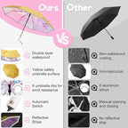 Kids Umbrella for Boys Girls, Yellow Cute Cartoon Automatic Folding Travel Umbrella with Reflective Stripe, Double Canopy Waterproof, 8 Ribs Windproof, Compact Rain Gear