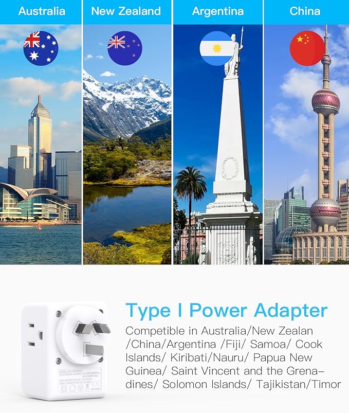 2 Pack Australia New Zealand Power Plug Adapter, Australia Travel Adapter with 3 American Outlets 3 USB Charging Ports (2 USB C), Type I Plug Adapter for US to Australia, Argentina, China