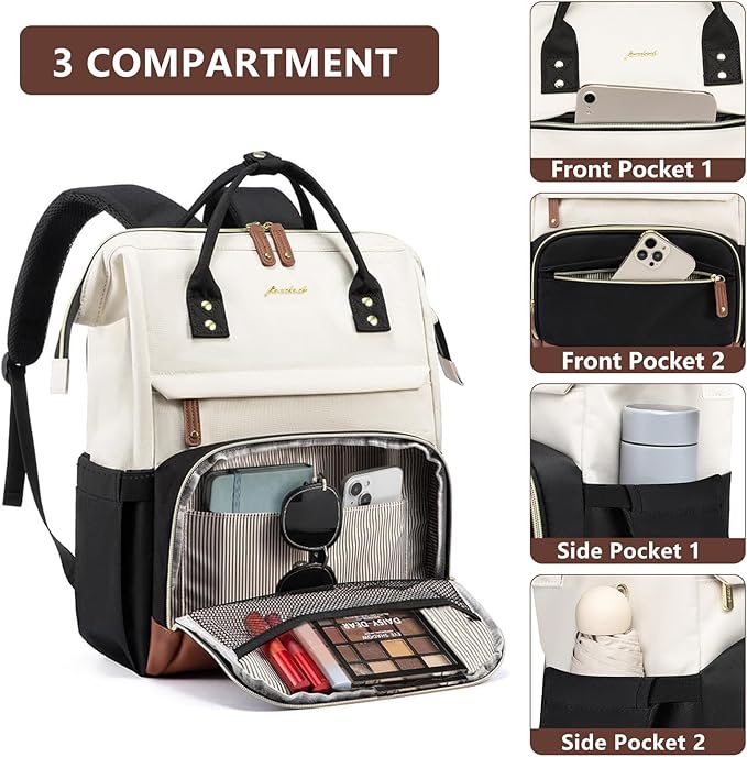 Focdod Laptop Backpack for Womem Work Bags: 18 Inch Anti Theft FashionTravel BackPacks With USB Charging Port Durable Back Pack Purse Bussiness Daypack for Nurse Teacher Beige Black Brown