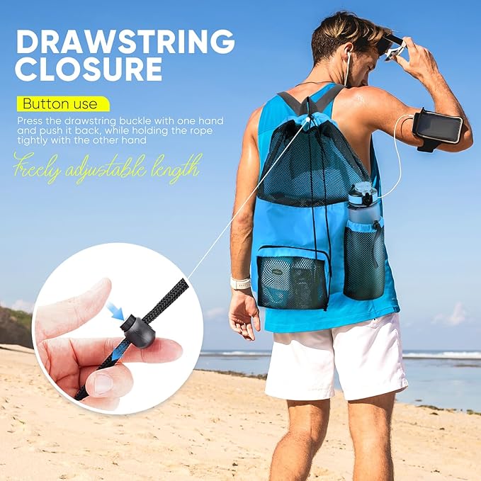 HOHOM Swim Mesh Beach Bag, Waterproof Gym Bags for Women and Men, Large Pool Bag Swimming Gear Drawstring Backpack
