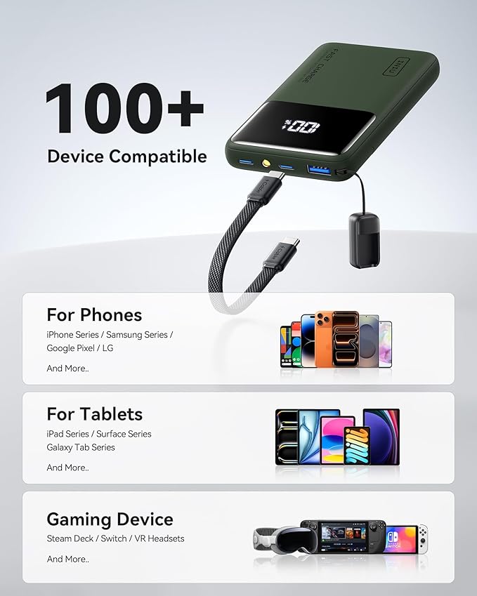 INIU Ultra Compact Portable Charger, 10000mAh 45W Fast Charging Power Bank with Detachable USB-C Cable & Stand, Flight-Safe Travel Battery Pack for Business Trip, Hiking, Cycling, Outdoor, Green