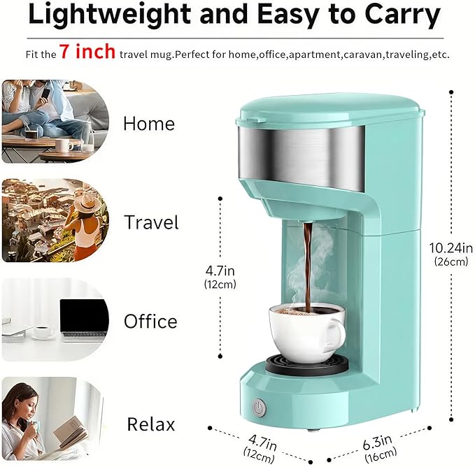 Single Serve Coffee Maker, 2 in 1 Brewer for K Pod & Ground Coffee, 90s Rapid Brew 6 to 14oz Capacities with Auto Shut Off, Small Compact Design for Home Office Travel Camping-Green