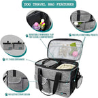 PetAmi Dog Travel Bag, Travel Pet Bag Organizer, Dog Food Travel Bag with Container Collapsible Bowls, Pet Travel Supplies Gift Accessories for Weekend Camping, Puppy Cat Diaper Bag, Gray Medium