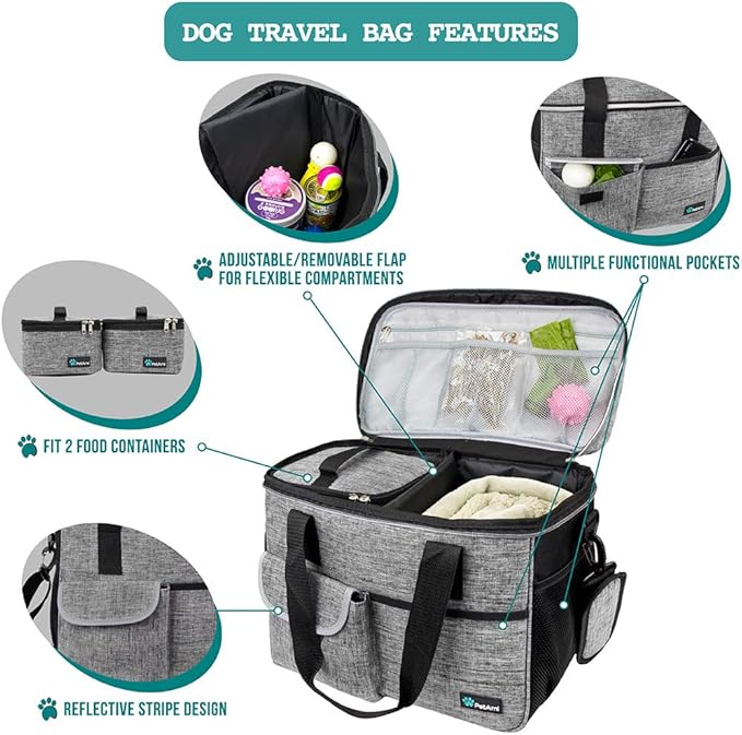 PetAmi Dog Travel Bag, Travel Pet Bag Organizer, Dog Food Travel Bag with Container Collapsible Bowls, Pet Travel Supplies Gift Accessories for Weekend Camping, Puppy Cat Diaper Bag, Gray Medium