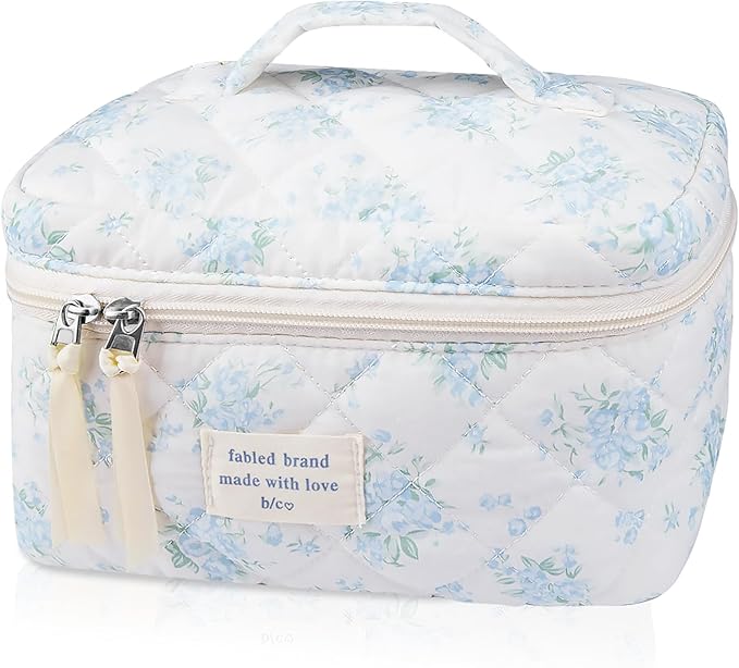 Gosect Large Travel Quilted Makeup Bag for Women,Big Floral Cotton Cosmetic Bag, Cute Coquette Aesthetic Floral Toiletry Organizer Bag (Blue Rose)