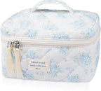 Gosect Large Travel Quilted Makeup Bag for Women,Big Floral Cotton Cosmetic Bag, Cute Coquette Aesthetic Floral Toiletry Organizer Bag (Blue Rose)