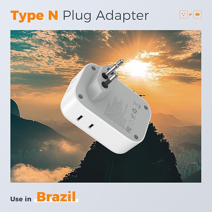 TESSAN Brazil Plug Adapter 2 Pack, 7 in 1 PD 20W Travel Adaptor with 4 Electrical Outlets and 3 USB Charger Ports (1 USB-A, 2 USB-C), Type N Power Adapters for US to Brasil Brazilian