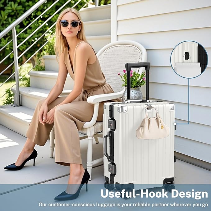 Krute Zipperless Luggage 24 Inch Aluminum Frame Suitcase with Spinner Wheels PC+ABS Hardide Checked Luggage TSA Approved No Zipper Travel Suitcase White