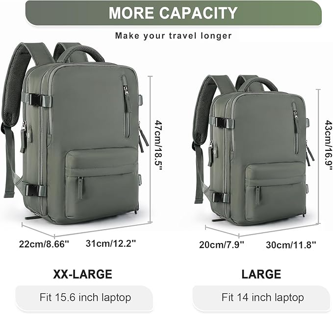 WONHOX Large Travel Backpack Women, Carry On Backpack,Hiking Backpack Waterproof Outdoor Sports Rucksack Casual Daypack with USB Charging Port Shoes Compartment, Dark Green