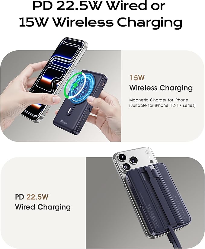 for Magsafe Portable Charger, 10000mAh Magnetic Power Bank with Foldable Stand, PD 22.5W Fast Charging with USB-C Cable, Wireless Portable Charger for iPhone 17/16/15/14/13/12 Series, Blue