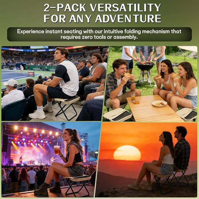 Portable Folding Stools, Heavy Duty Camping Stools with Carry Bag, Polyester, Khaki, 13"x12.2"x10.62", Carbon Steel, 2-Pack, Metal, Square