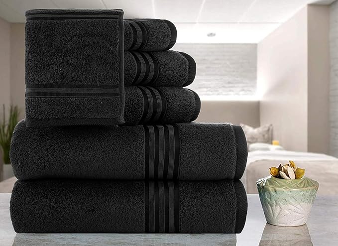 CASA COPENHAGEN Zero Twist 6Pcs 100% Egyptian Cotton Large Designer Towels Gift Set- Jet Black, 600 GSM, 2Bath 2Hand 2Washcloths, Bath Towels for Bathroom Set for Women & Men