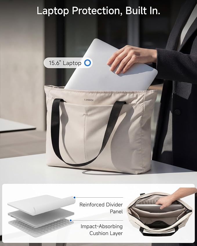 LUGGEX Laptop Tote Bag, LTX04 20L Lightweight Work Tote for 13-15.6 Inch Laptop, Water-Resistant Nylon Computer Shoulder Bag with Padded Sleeve, Bottle Holders & Luggage Strap (LTX04, Beige)