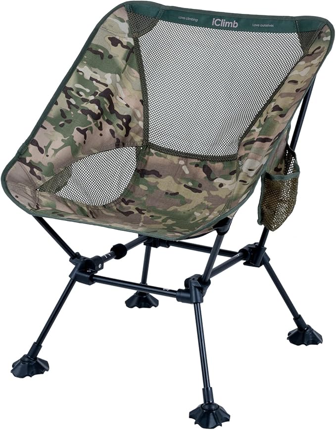 iClimb Ultralight Compact Camping Folding Beach Chair with Anti-Sinking Large Feet and Back Support Webbing (Woodland - Square Frame - 2PC)