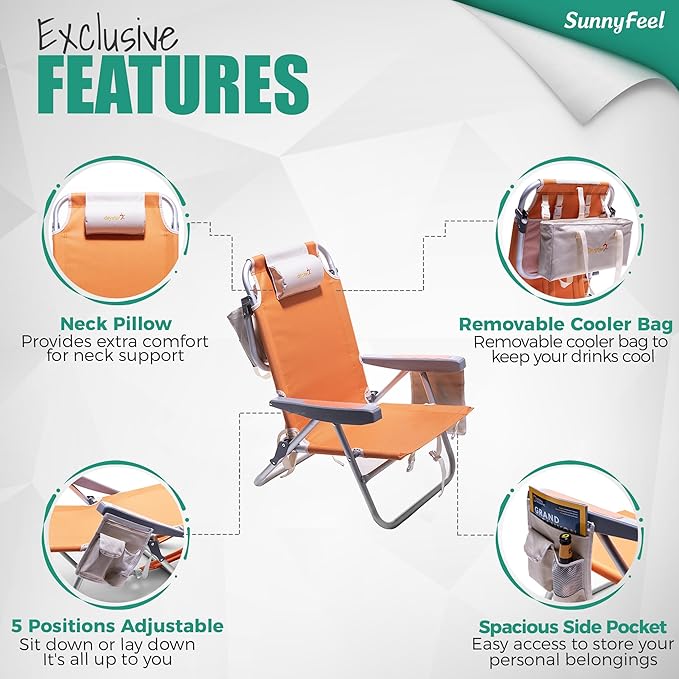SUNNYFEEL Low Beach Chair 2 Pack, 5-Position Lay Flat Reclining, Backpack Portable Folding Chairs with Cooler Bag & Cup Holder, Heavy Duty 350 LBS, Compact for Beach, Camping, Travel