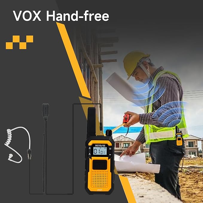 Retevis RB48 Walkie Talkies Long Range,MIL-STD 810H IP67 Waterproof Two Way Radios with Earpiece, Support VOX, Vibration Call, 2000mAh, NOAA, 2 Way Radio for Business(2 Pack)