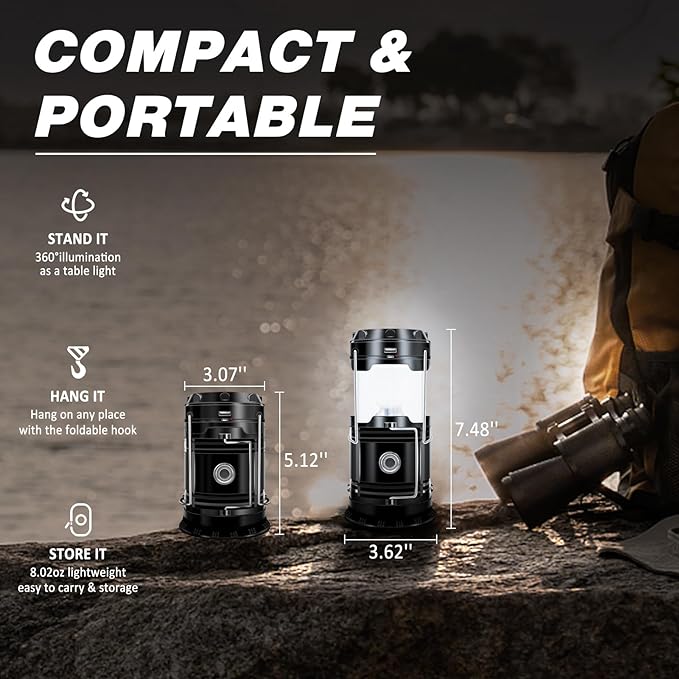 DIBMS Solar Camping Lantern, Collapsible LED Solar USB Rechargeable Lantern Flashlight Emergency Hanging Lights for Camping Hurricanes Power Outages Indoor Outdoor