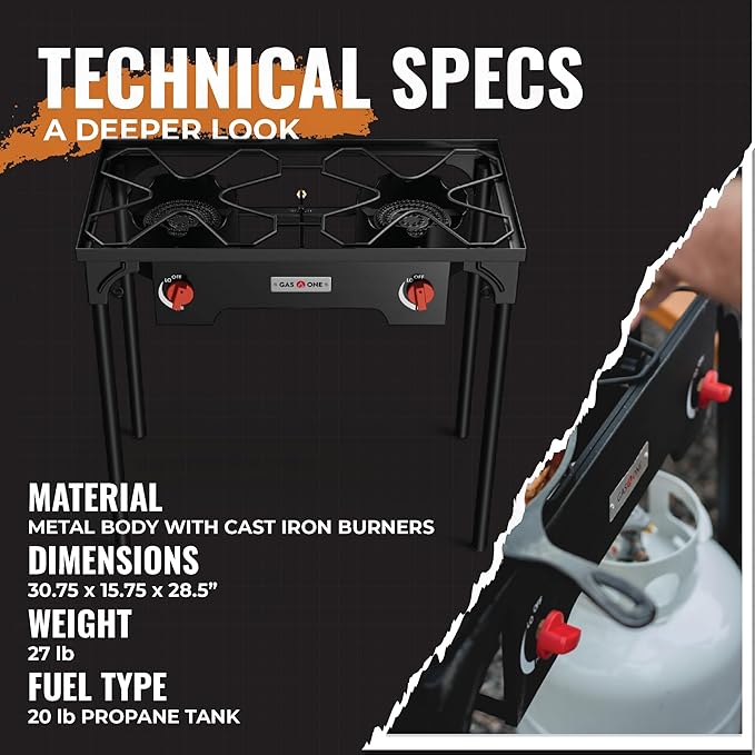 Gas One Propane Double Burner Two Burner Camp Stove Outdoor High Pressure Propane 2 Burner Adjustable PSI Regulator and 4ft Hose With Removable Legs