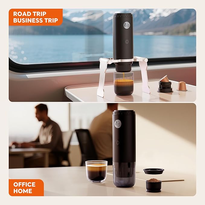 Portable Espresso Machine Mini 12V Rechargeable 3-in-1 Multi-Function Electric Coffee Machine One Key Extraction Compatible with NS & DG Capsules and Ground Coffee for Office Home (BLACK-NEW)