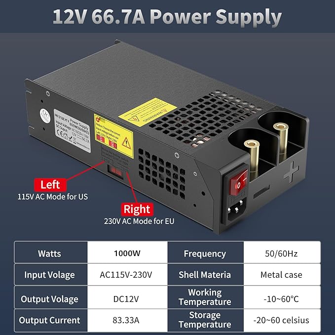 MYSWEETY 12V Power Supply, AC to DC Converter 110V AC to 12V DC Converter, New Version Power Supply Max 83.4A 1000W Transformer for RV, Radio/Car Stereos, LED Strip, Travel, 3D Printer