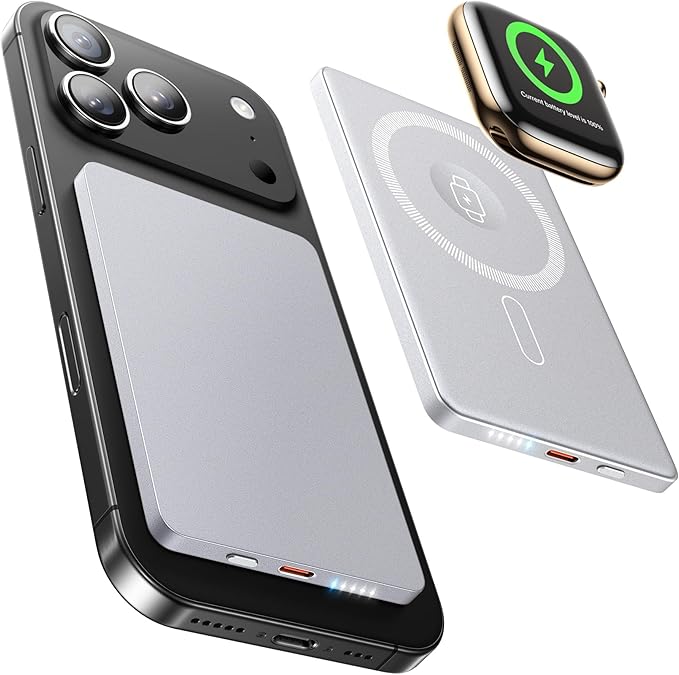 3-in-1 5000mAh for Magsafe Power Bank Thin Slim 22.5W Fast Charging Type C Magnetic Battery Pack Powerbank for Travel, Mini Wireless Portable Charger for iPhone 17 16 15 14 13 12 Watch Android, Grey
