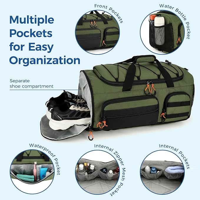 Searock 45L Gym Bag for Men, 3-In-1 Duffle Bag Backpack for Travel, Sports Duffel Bags for Gym Workout, Weekender Overnight Bag with Shoe Compartment, Wet Pocket, Green