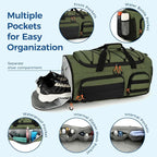 Searock 45L Gym Bag for Men, 3-In-1 Duffle Bag Backpack for Travel, Sports Duffel Bags for Gym Workout, Weekender Overnight Bag with Shoe Compartment, Wet Pocket, Green