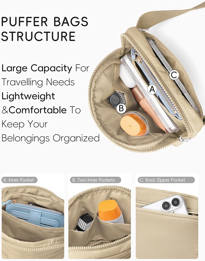 WESTBRONCO Puffer Fanny Packs for Women Quilted Nylon Waterproof Belt Bag with 2 Zipper, Puffy Crossbody Bag with Adjustable Strap, 1L Waist Bag for Travel Daily